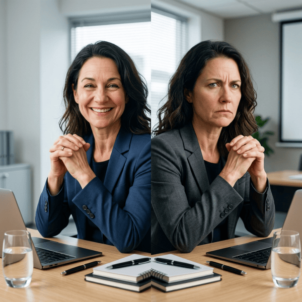 Two women sitting back-to-back at a kitchen table, one smiling and one frowning