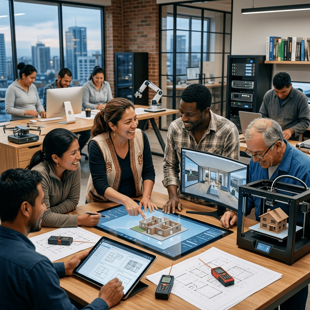 Diverse team reviewing architectural plans around a workshop table
